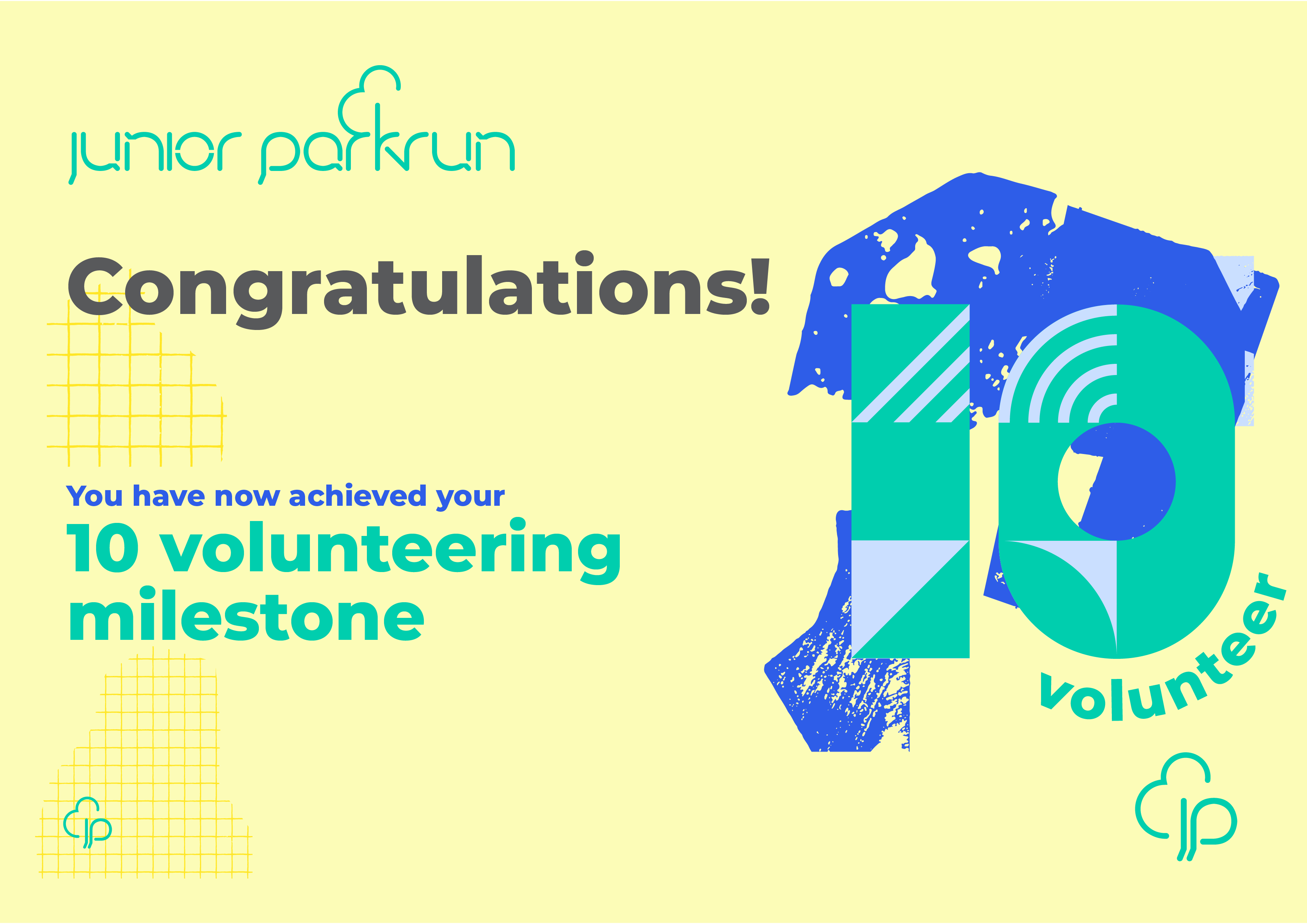 junior parkrun Volunteer Milestone 10 Certificate