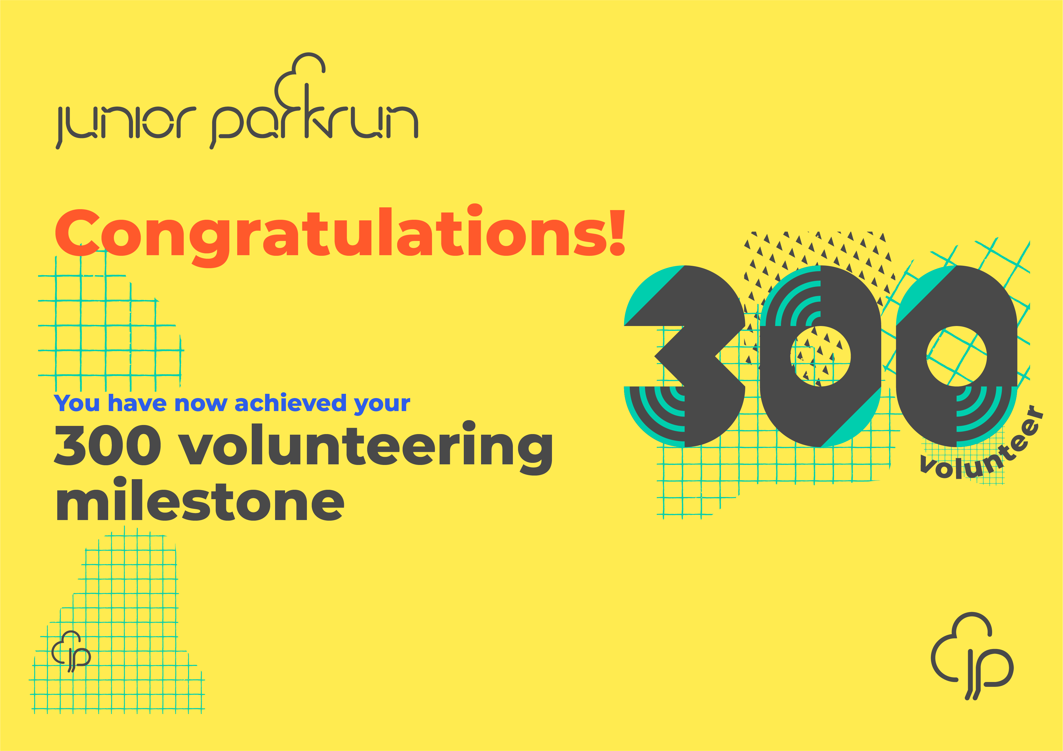 junior parkrun Volunteer milestone 300 Certificate