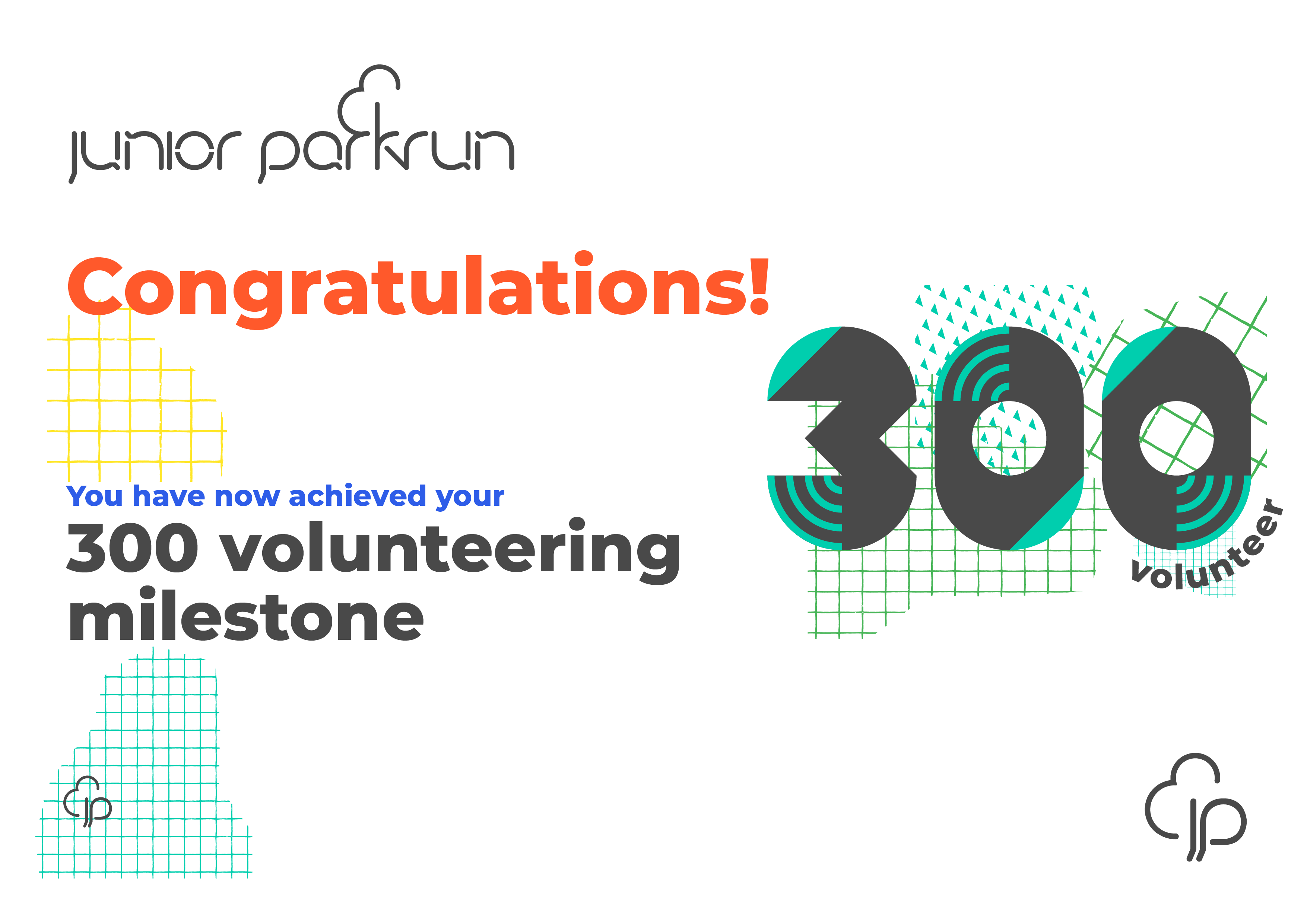 junior parkrun Volunteer milestone 300 Certificate